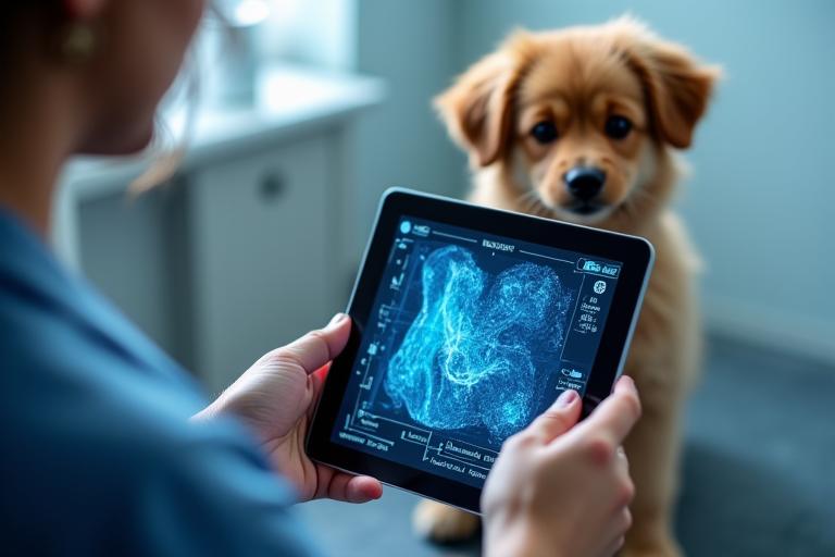 Tierpflegerin zeigt digitale Hautanalyse auf einem Tablet